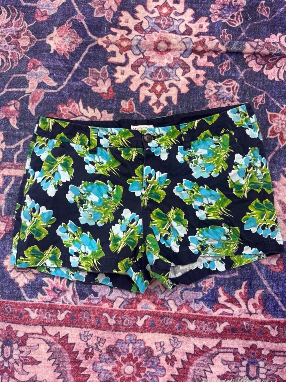 Navy Floral Shorts with Blue & Green Blooms